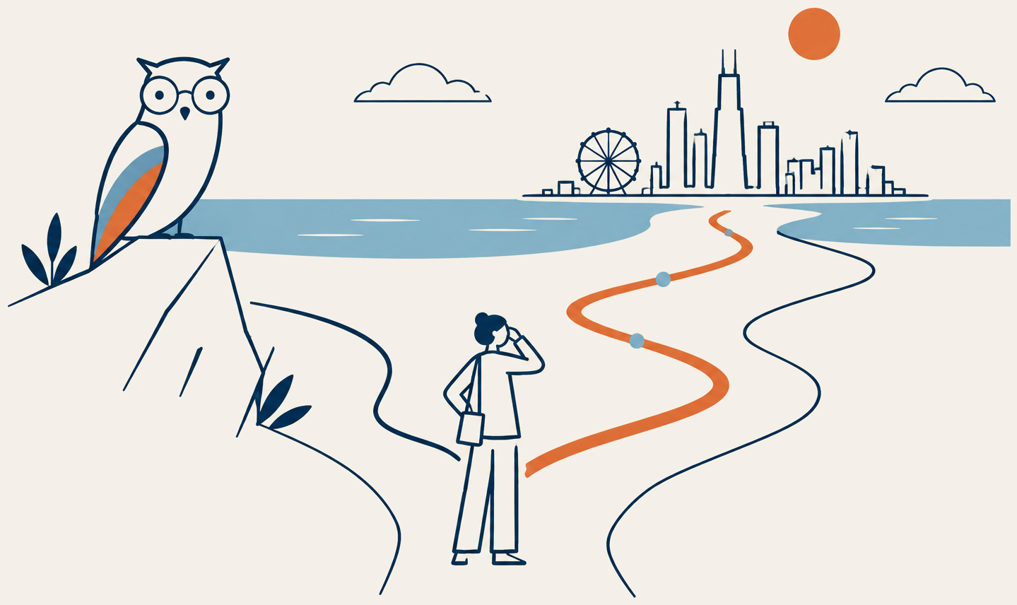 Illustration of an owl and a graduate choosing a path toward a city skyline.